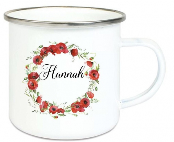 ♥ Tasse Emailletasse Blumenkranz Mohn Blüten Wunschname, Dankeschön, Geburtstag, Abschied, Jubiläum, Geschenk, Becher von Lüttentüddel